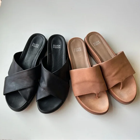 Eileen Fisher tumbled leather sandals size 9 black tan slip on - Picture 1 of 11